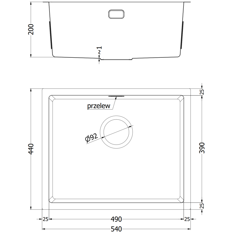Kjøkkenvask i stål teknisk strektegning med mål, topp- og sidevisning av Mexen Trixo 540 x 440 mm.