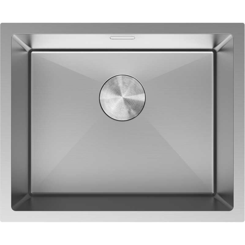 Kjøkkenvask i stål Mexen Trixo 540 x 440 mm sett ovenfra med børstet finish og sentrert avløpslokk.