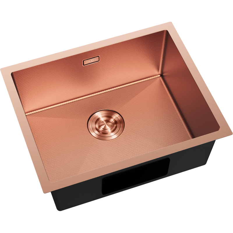 Kjøkkenvask Rustfritt Stål Mexen Trixo 540 x 440 mm i børstet kobber, sett skrått ovenfra.