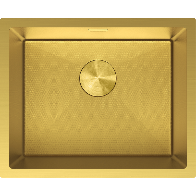 Kjøkkenvask i stål 540 x 440 mm i børstet gull, sett ovenfra med sekskantmønstret bunn.