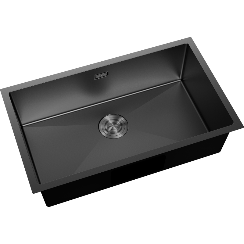 Kjøkkenvask Rustfritt Stål svart Mexen Trixo 750x440 mm med avrundet bunn og sentrert avløp.