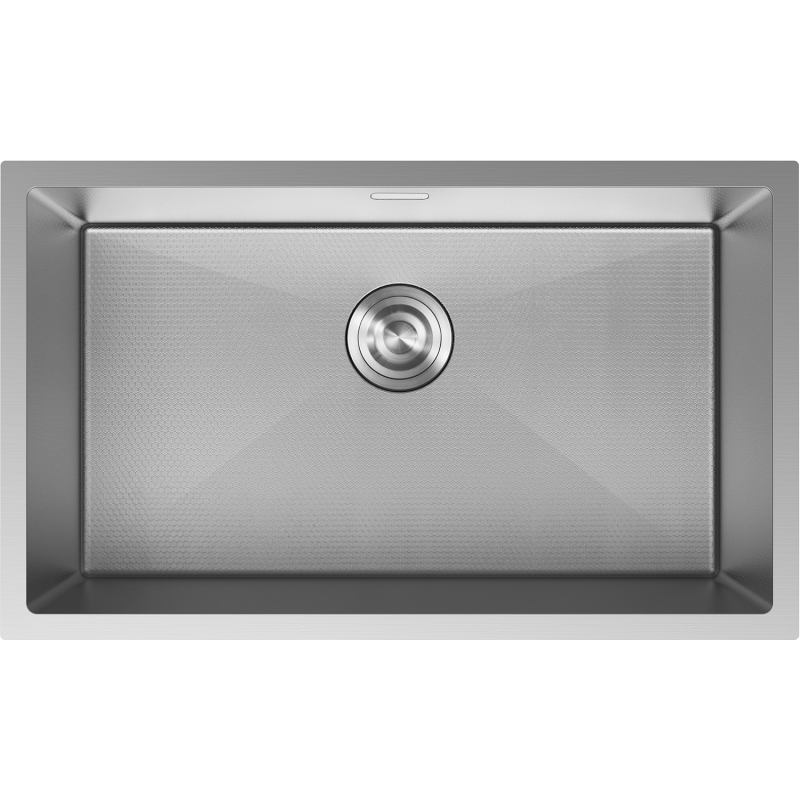 Stålvask Mexen Trixo 750 x 440 mm sett ovenfra med avrundede hjørner og sentrert avløpsrist.