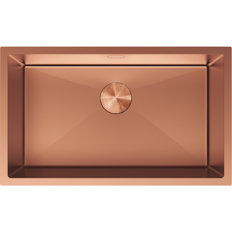 Kjøkkenvask i stål 750 x 440 mm i børstet kobber, sett ovenfra med rund sluk og moderne design.