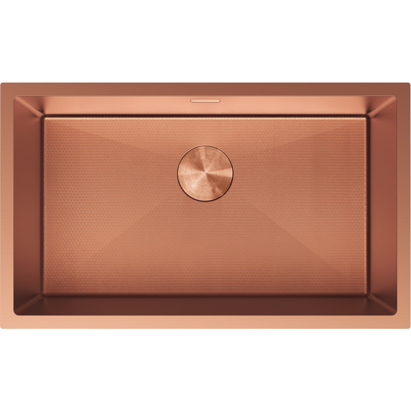 Kjøkkenvask i stål Mexen Trixo 750 x 440 mm i børstet kobber med rund avløpsrist, sett ovenfra.