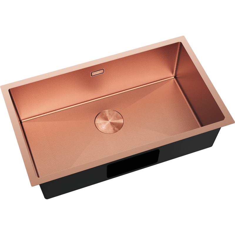 Stål Kjøkkenvask Mexen Trixo i børstet kobber, rektangulær med sentrert rund bunnventil.