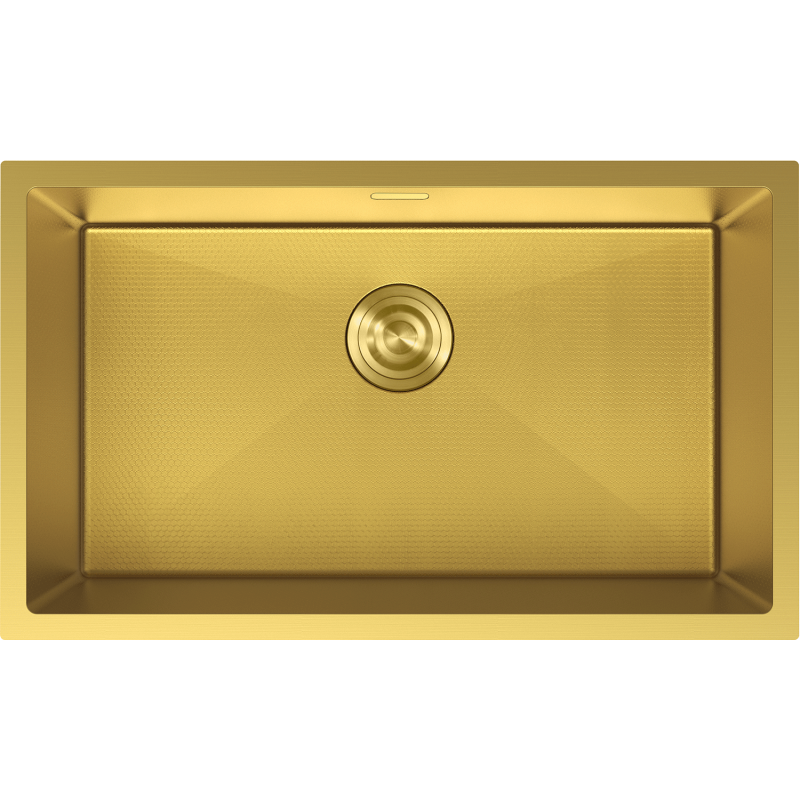 Stålvask Mexen Trixo gull 750 x 440 mm sett fra oven med børstet overflate og rund avløpsventil.