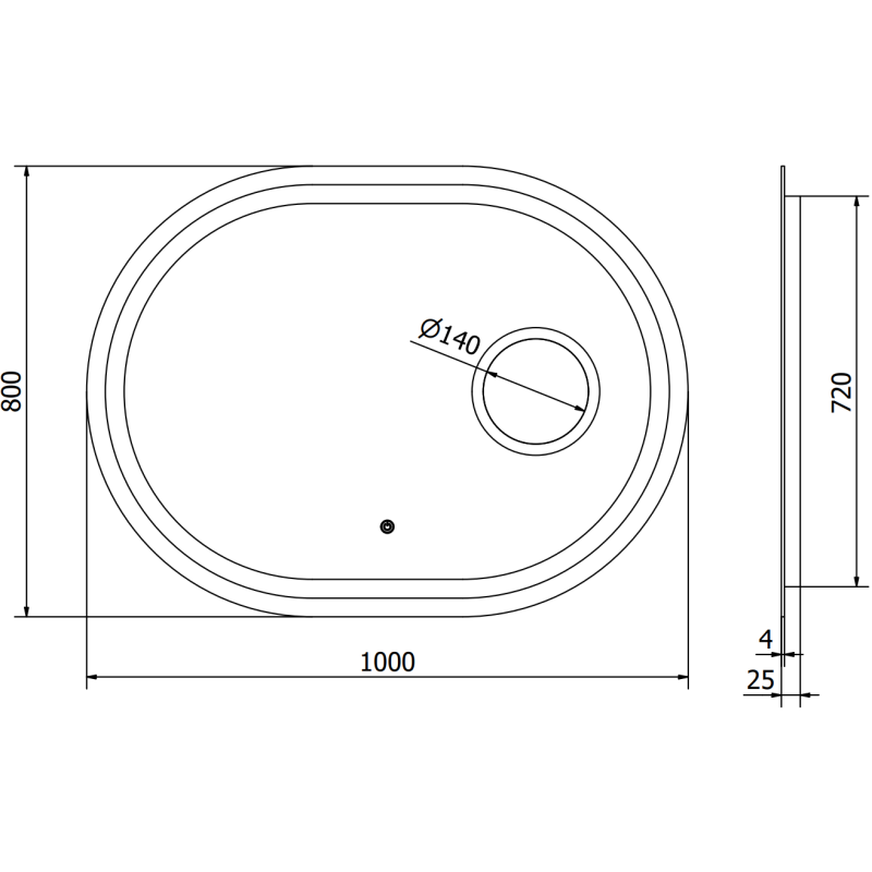 Speil med lys teknisk strektegning av oval servant med mål og avløpsplassering vist i millimeter.