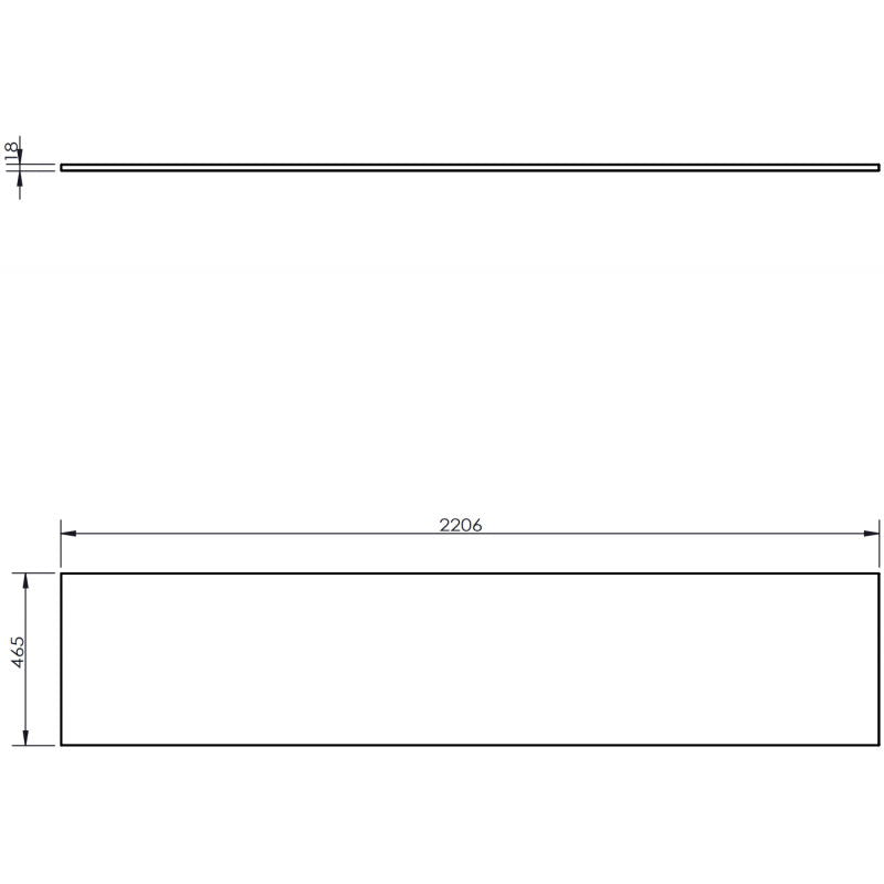 Baderomsbenk Mexen Uni 220 cm svart matt teknisk tegning med mål og rektangulær form.