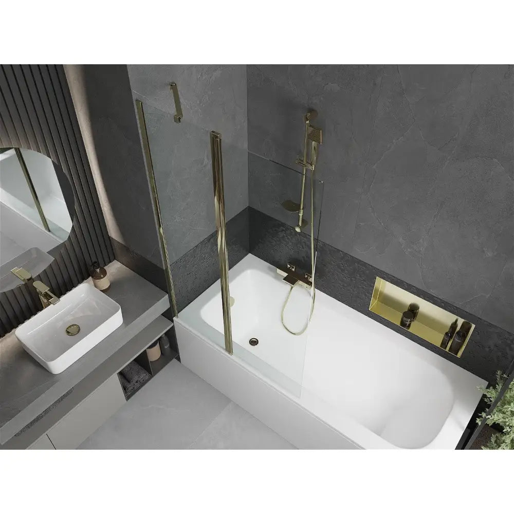 Mexen Vega Rektangulært Badekar 160x70 Cm med Kabinett og Enkeltvinget 100 Cm Dusjvegg Gjennomsiktig Gull - 550116070x