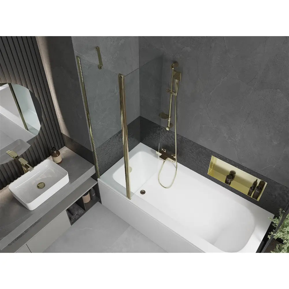 Mexen Vega Rektangulært Badekar 160x70 Cm med Kabinett og Enkeltvinget 100 Cm Dusjvegg Gjennomsiktig Gull - 550116070x