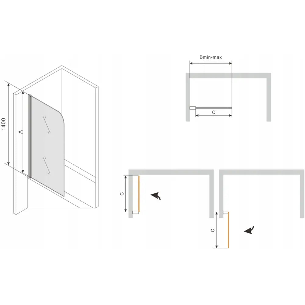 Mexen Vega Rektangulært Badekar 180x80 Cm med Kabinett og Enkelt 70 Cm Dør Gjennomsiktig Svart - 550118080x