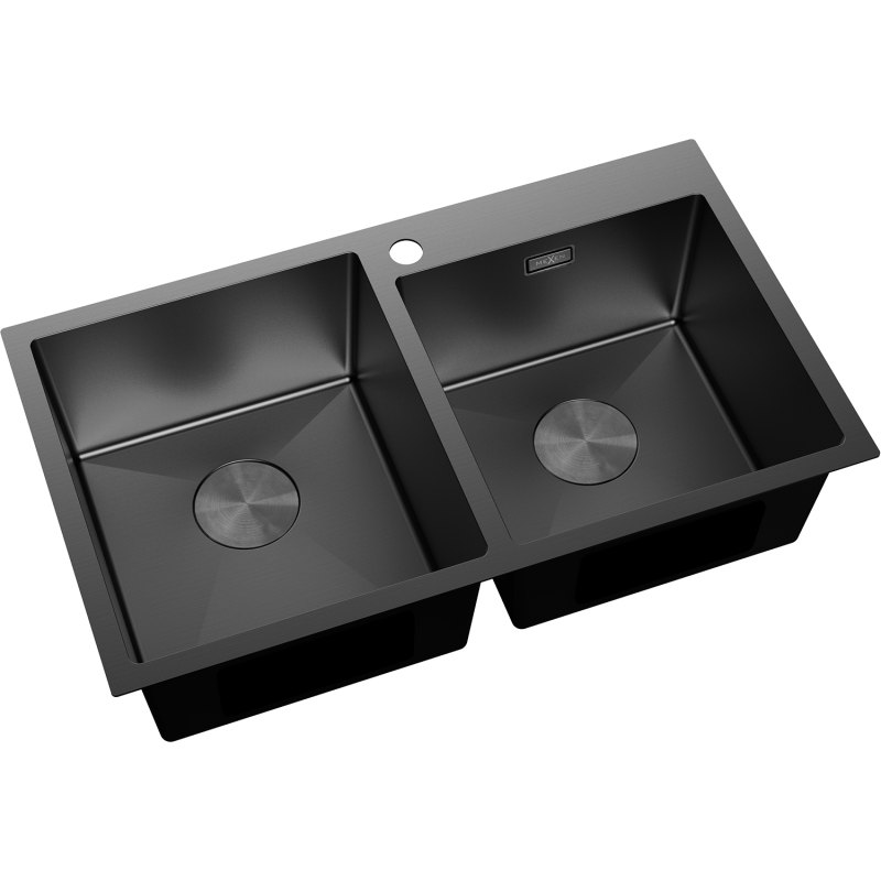 Stål Kjøkkenvask Mexen Xorin svart dobbel vask, sett ovenfra med synlig hull til blandebatteri.