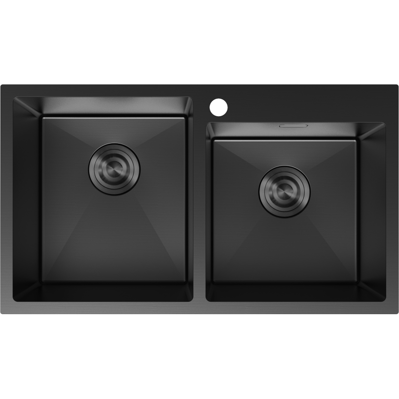 Stålvask Mexen Xorin dobbel, svart, sett ovenfra med firkantede kummer og hull til armatur.