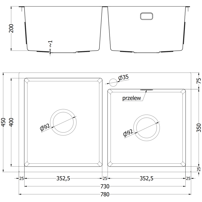 Kjøkkenvask i stål teknisk tegning av Mexen Xorin 780 x 450 mm med to kummer, mål og detaljer.