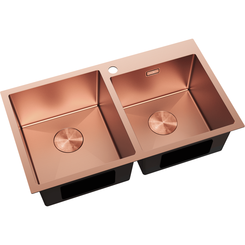 Stål Kjøkkenvask Mexen Xorin i kobber, dobbel kum, sett skrått ovenfra med synlig slukhull.