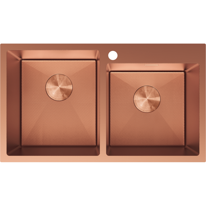 Kjøkkenvask i stål dobbel Mexen Xorin 780 x 450 mm i børstet kobber, sett ovenfra.