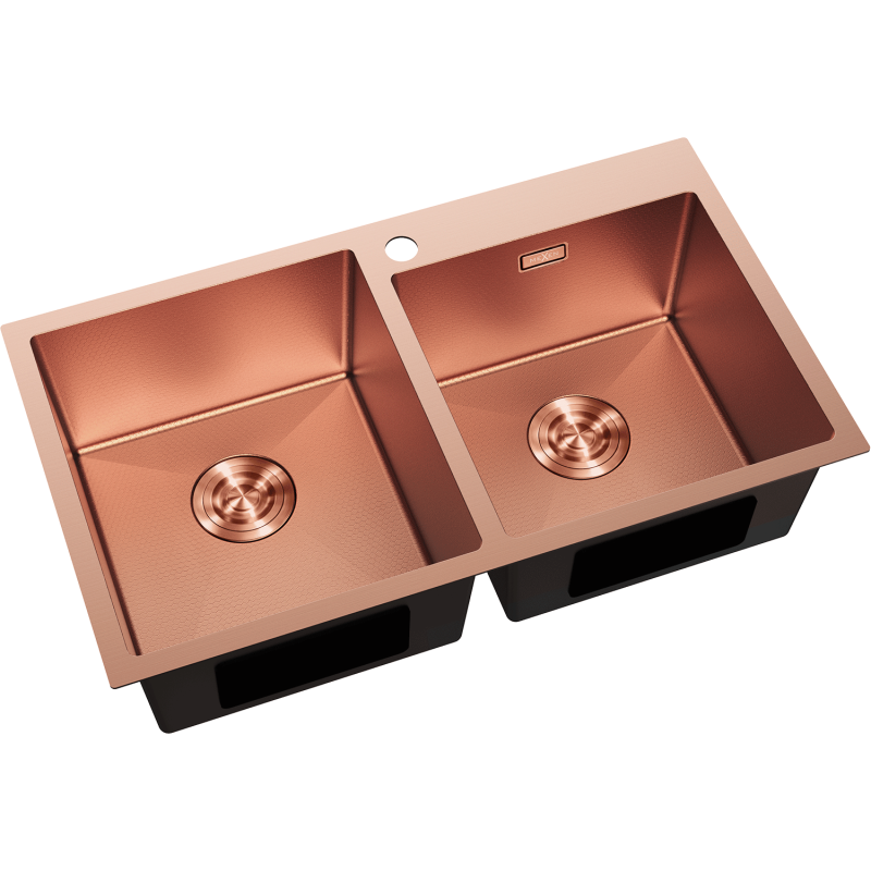 Kjøkkenvask Rustfritt Stål dobbel vask Mexen Xorin i børstet kobber, sett ovenfra med avrundede hjørner.