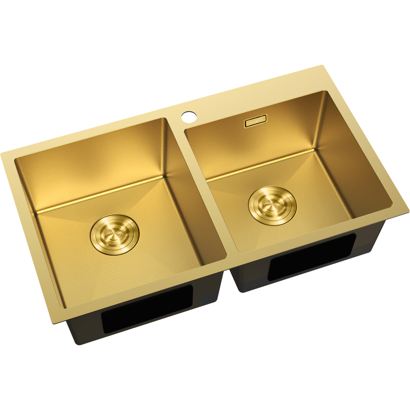 Kjøkkenvask Rustfritt Stål dobbel gullfarget Mexen Xorin 780x450 mm sett fra skrå vinkel ovenfra.