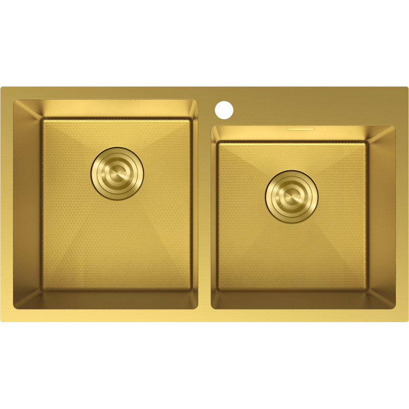 Stålvask Mexen Xorin gull dobbel servant sett ovenfra med markerte hjørner og synlig armaturhull.