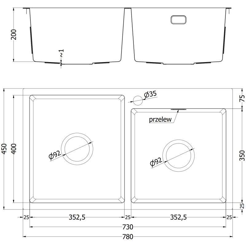 Kjøkkenvask i stål teknisk tegning av dobbel vask Mexen Xorin 780 x 450 mm med mål og detaljer.