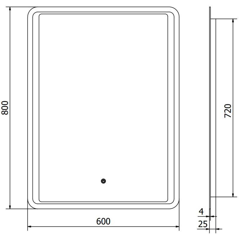 Speil med lys teknisk tegning av rektangulært LED-speil 60 x 80 cm med mål og detalj nederst.