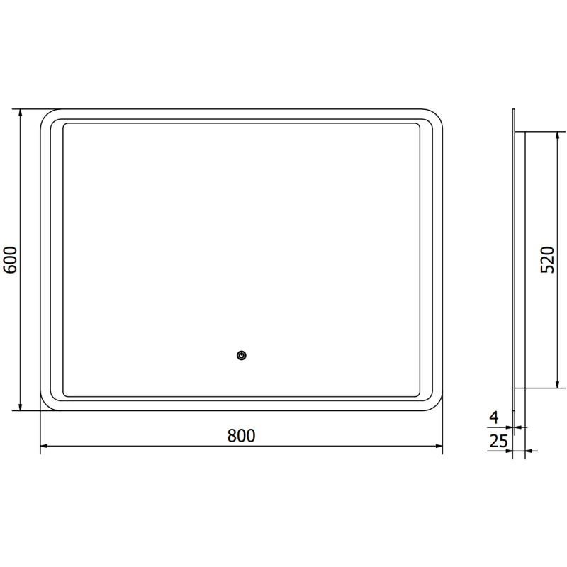 Speil med lys teknisk tegning av Mexen Zusa 80 x 60 cm med mål og dybde på 25 mm.