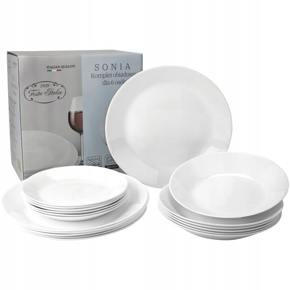 Middagsservise for 6 personer, hvite porselenstallerkener i tre størrelser foran original eske.