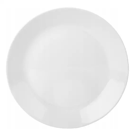 Rund hvit porselenstallerken med glatt overflate og minimalistisk design, sett ovenfra.