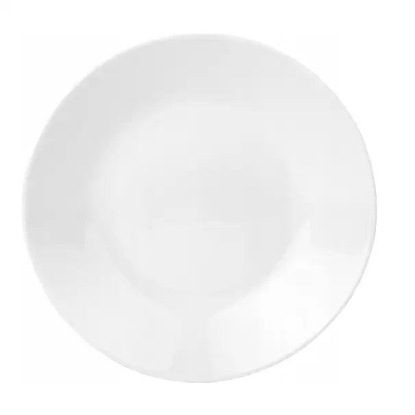 Rund hvit porselenstallerken fra middagsservise, sett ovenfra med klassisk, minimalistisk design.