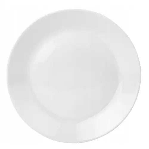 Hvit porselenstallerken fra middagsservise, sett ovenfra med glatt, minimalistisk overflate mot hvit bakgrunn.