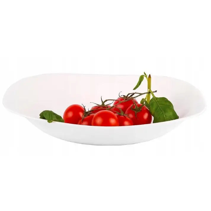 Hvit Bormioli Rocco Parma bolle sett fra siden, fylt med røde cherrytomater og friske grønne blader.