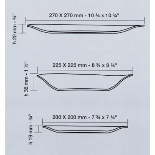 Rektangulære fat fra Bormioli Rocco Parma, sideprofil med mål og dimensjoner for hver størrelse.
