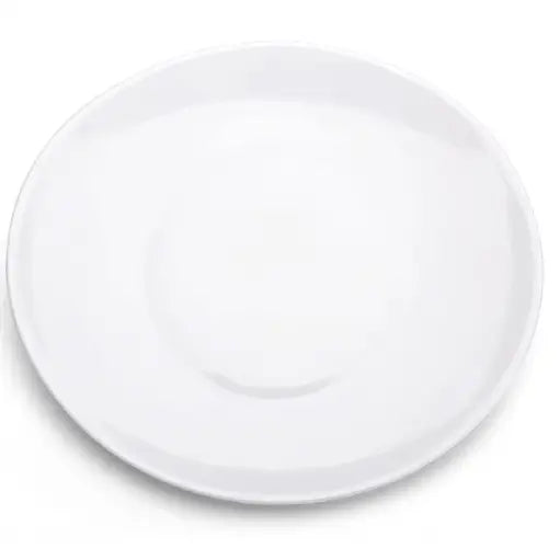 Hvit Bormioli Rocco Prometeo middagstallerken, sett ovenfra med glatt, minimalistisk porselensflate.