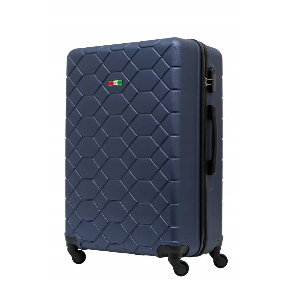 Middels stor mørkeblå koffert Bagia 65L med sekskantmønstret overflate, fire hjul og svarte håndtak.