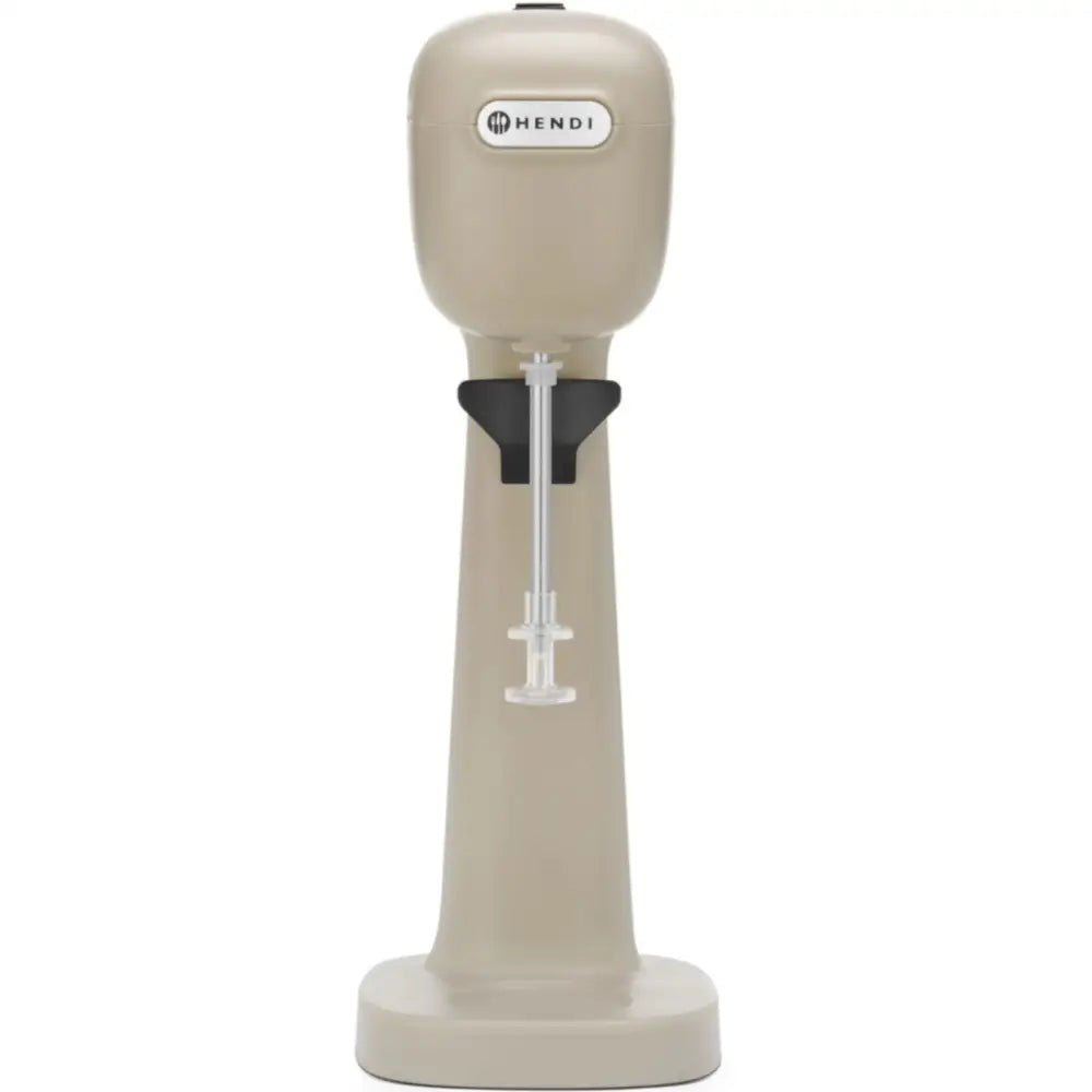 Mikser for melkecocktails i beige metall, frontbilde som fremhever vispestang og svart plastfeste.