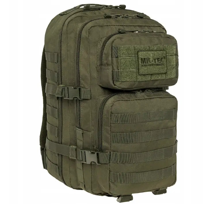 Militær ryggsekk Mil-Tec Original olivengrønn 36L, sidevisning med MOLLE-fester, lommer og kompresjonsstropper.