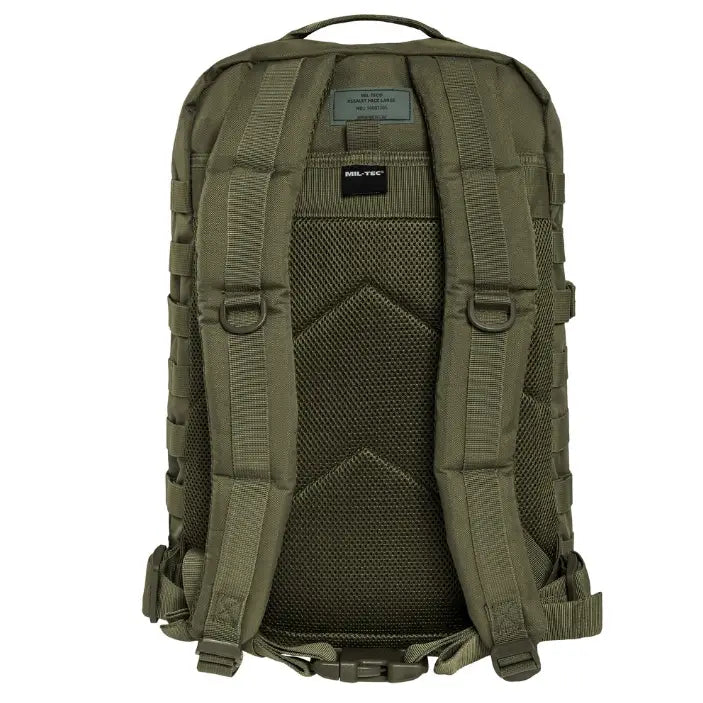 Militær ryggsekk Mil-Tec Original, bakside med polstrede stropper, nettingrygg og D-ringer.