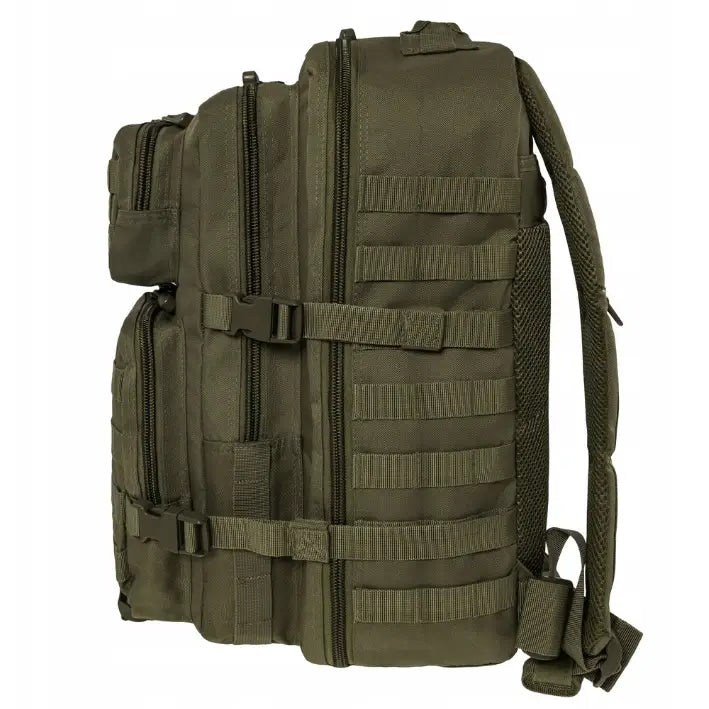 Militær ryggsekk Mil-Tec Original 36L, sidevisning med glidelåslommer og MOLLE-fester i olivengrønt.