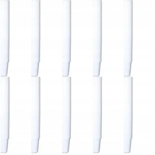 Ti hvite plastpenner i to parallelle rekker, sideprofil uten logo mot lys bakgrunn.