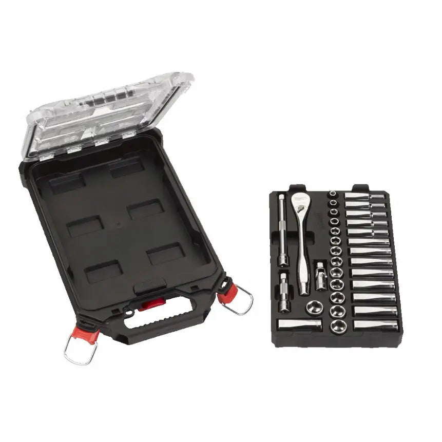 Milwaukee hylsenøkkelsett 3/8", 32 deler åpent i sort etui med metallpiper, skralle og forlenger.