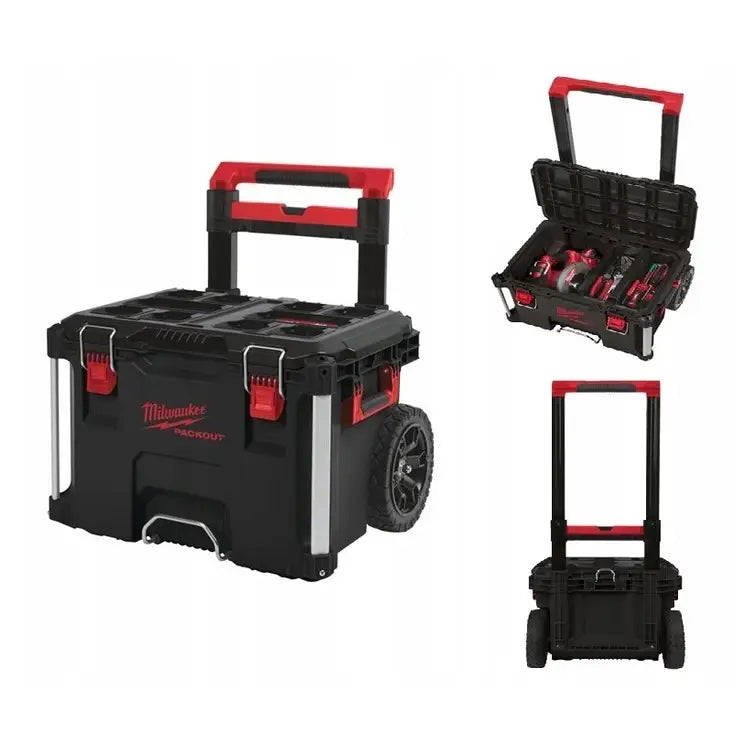 Milwaukee Packout 1 Kasse På Hjul, åpen visning med verktøy, store hjul og metallåser synlig.