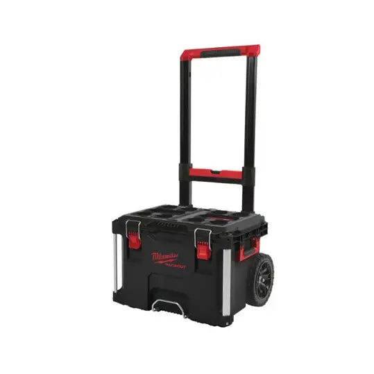 Milwaukee Packout 1 Kasse på hjul, frontperspektiv med teleskophåndtak, store hjul og synlig frontlogo.