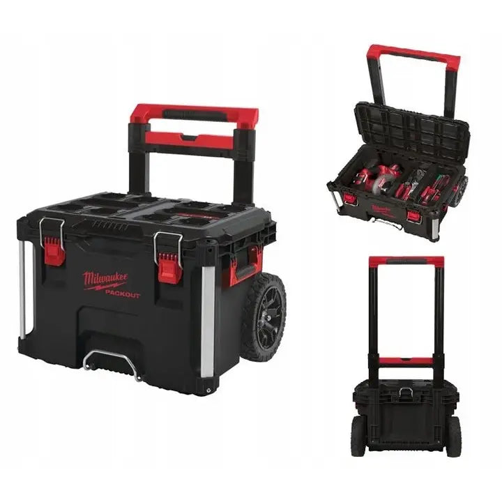 Milwaukee Packout verktøykasse med hjul og teleskophåndtak, åpen med innhold og sett bakfra.