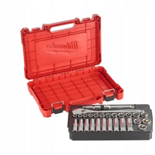 Milwaukee sett med 1/2″ hylsenøkler, 28 deler i åpent sort og rødt etui med krompiper i rekker.