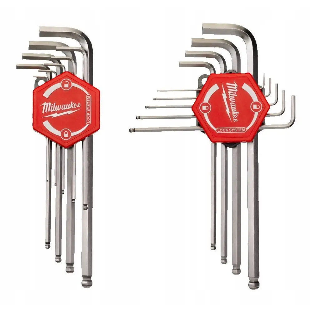 Milwaukee unbrakonøkkelsett med ni sølvfargede sekskantnøkler i røde plastholdere, sidevisning.