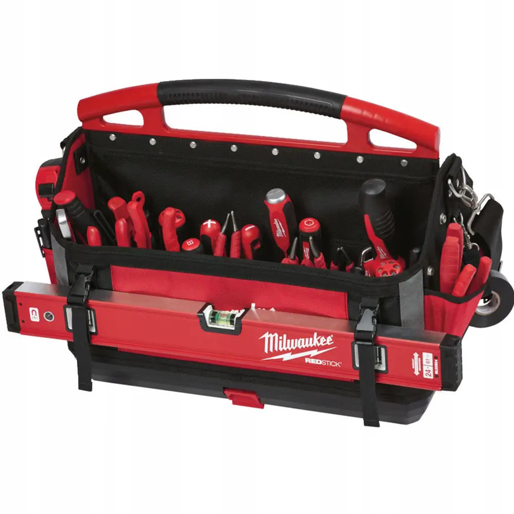 Milwaukee verktøyveske 50 cm, frontvisning med fylt innhold, solid håndtak og flere synlige lommer.