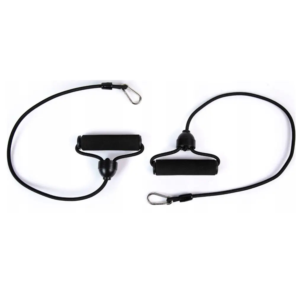 Mini stepper motstandsbånd, nærbilde av svarte skumhåndtak og elastiske bånd med metallkroker mot hvit bakgrunn.