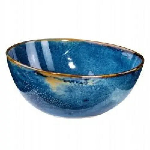 Miskeskål 2000 ml i dypblå keramikk, skrå forfra med gyllen kant og blått-gult mønster.