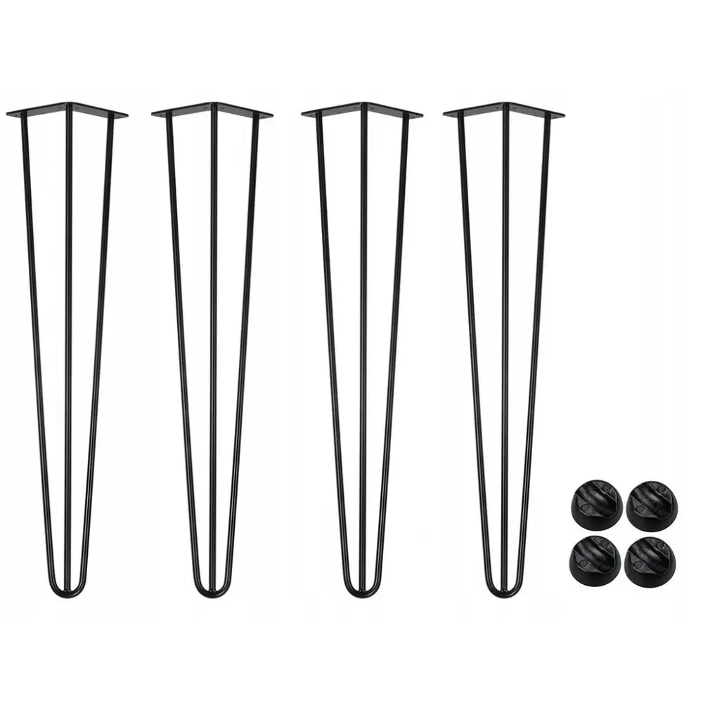 Møbelben Hairpin 3 stenger sort, fire metallben med trekantfester og separate sorte plastføtter sett fra siden.