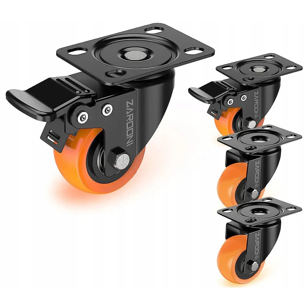 Møbelhjul roterende med brems, fire sorte og oransje hjul med festeplate, sett fra siden og skrått.